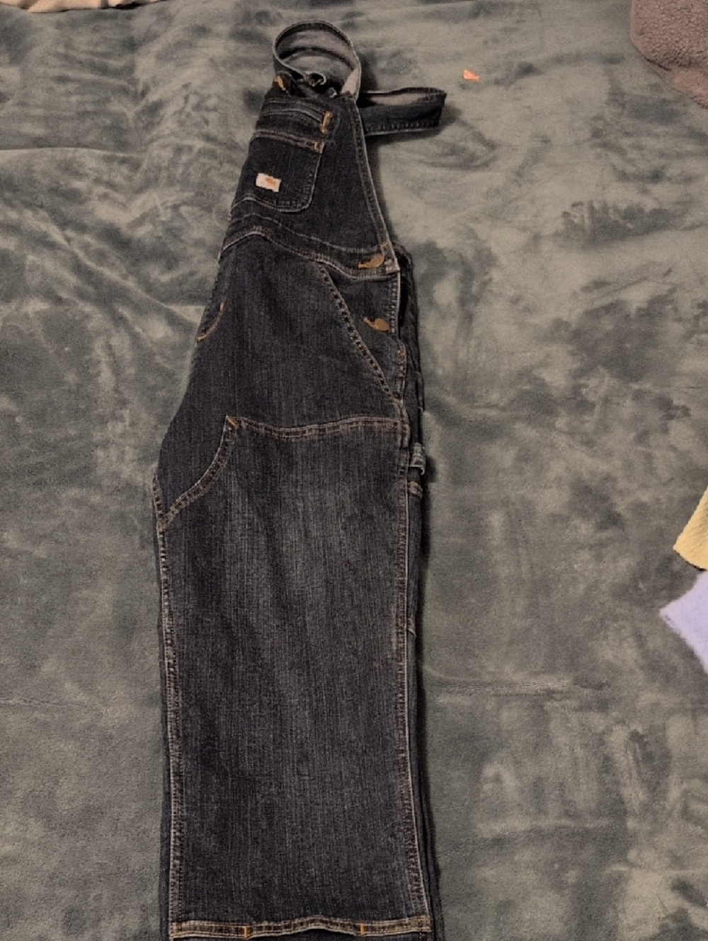 Carhartt Dark Blue Denim Overalls with Yellow Stitching - Picture 3 of 5